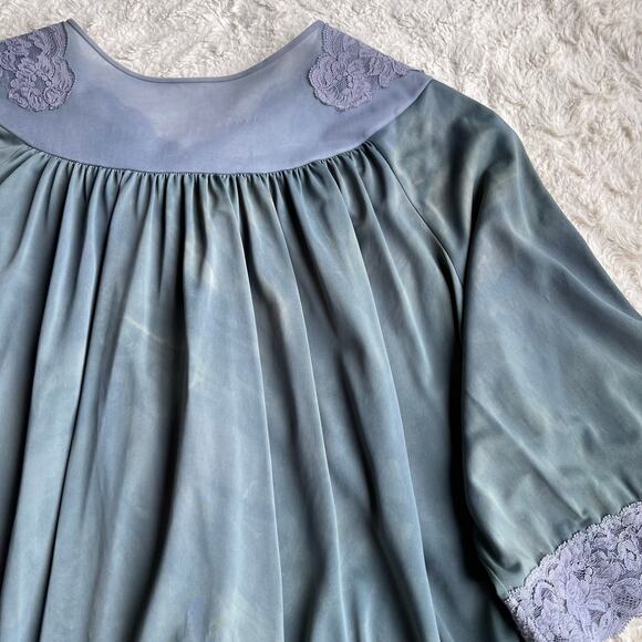 Vintage 60s lace trimmed bed jacket tie dye dyed teal blue cropped layering M - Picture 8 of 17